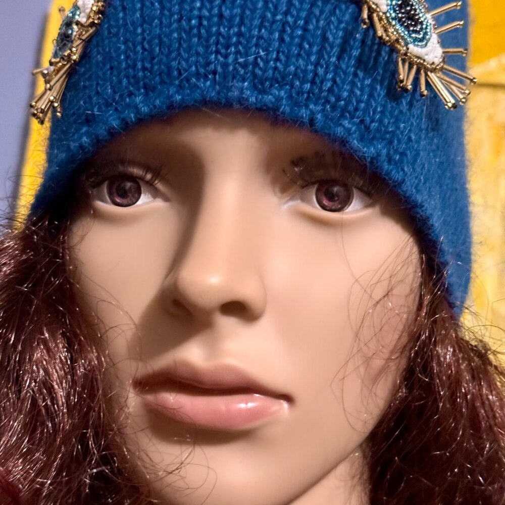 Unique OOAK Handmade Blue Wool Beaded Evil Eye Beanie Hat - Picture 7 of 9